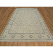 Load image into Gallery viewer, 9&#39;x12&#39; Bone White, Zero Pile, Box Design With Repetitive Triangle Tribal Motifs, Hand Knotted, 100% Wool, Oriental Rug FWR550320