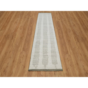 2'6"x11'10" Alabaster White, Flat Weave With Pile, Hand Woven, Textured, Undyed Natural Wool, Runner, Oriental Rug FWR550344