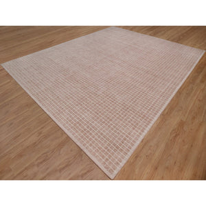 12'1"x15' Rose Pink, Pure Wool, Modern Plain Decor Box Design, Soft To Touch, Loomed Knotted, Oversized, Xl, Oriental Rug FWR550512