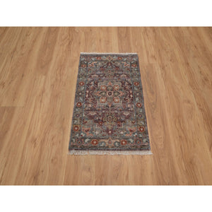 1'10"x3' Mahogany Red, Heriz Revival, Vegetable Dyes, Hand Knotted, Natural Wool, Thick And Plush, Soft Pile, Sample, Mat, Oriental Rug FWR550614