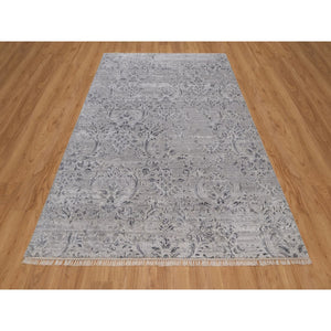 6'x9' Drizzle Gray, Damask Design, Hand Knotted, Tone On Tone, Wool And Plant Based Silk, Oriental Rug FWR550674
