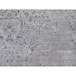 6'x9' Drizzle Gray, Damask Design, Hand Knotted, Tone On Tone, Wool And Plant Based Silk, Oriental Rug FWR550674