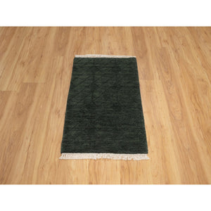 2'x2'9" Seaweed Green, Stripes Design, Hand Loomed, Pure Wool, Sample, Mat, Oriental Rug FWR550680