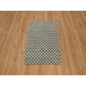 2'x3' Beige, Checkerboard Design, Hand Loomed, Pure Wool, Sample, Mat, Oriental Rug FWR550692