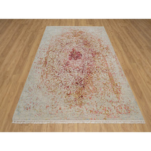 6'1"x9'1" Bone White, Persian Erased Medallion Design, Hand Knotted, Wool And Pure Silk, Oriental Rug FWR550698