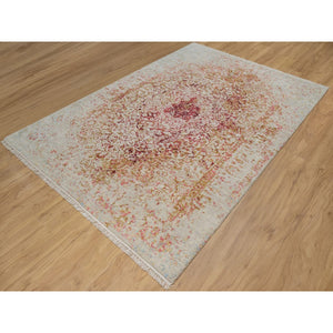 6'1"x9'1" Bone White, Persian Erased Medallion Design, Hand Knotted, Wool And Pure Silk, Oriental Rug FWR550698