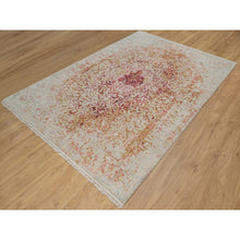 Load image into Gallery viewer, 6&#39;1&quot;x9&#39;1&quot; Bone White, Persian Erased Medallion Design, Hand Knotted, Wool And Pure Silk, Oriental Rug FWR550698