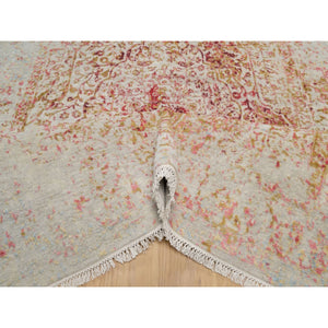 6'1"x9'1" Bone White, Persian Erased Medallion Design, Hand Knotted, Wool And Pure Silk, Oriental Rug FWR550698