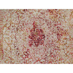 6'1"x9'1" Bone White, Persian Erased Medallion Design, Hand Knotted, Wool And Pure Silk, Oriental Rug FWR550698