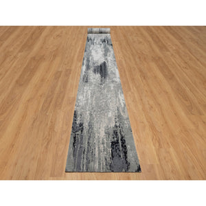 2'8"x23'10' Black With Touches Of Ivory, Abstract Design, Hand Knotted, Wool And Silk, Oriental, Xl Runner, Rug FWR550704
