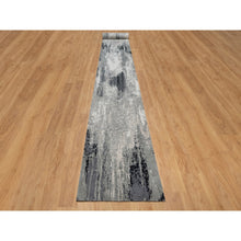 Load image into Gallery viewer, 2&#39;8&quot;x23&#39;10&#39; Black With Touches Of Ivory, Abstract Design, Hand Knotted, Wool And Silk, Oriental, Xl Runner, Rug FWR550704