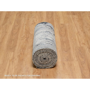 2'8"x23'10' Black With Touches Of Ivory, Abstract Design, Hand Knotted, Wool And Silk, Oriental, Xl Runner, Rug FWR550704