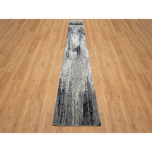 Load image into Gallery viewer, 2&#39;7&quot;x26&#39; Black With Touches Of Ivory, Abstract Design, Hand Knotted, Wool And Silk, Oriental, Xl Runner, Rug FWR550710