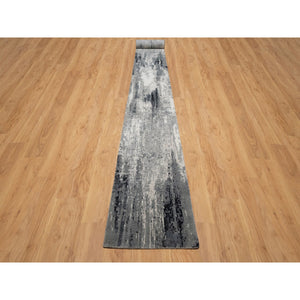 2'7"x26' Black With Touches Of Ivory, Abstract Design, Hand Knotted, Wool And Silk, Oriental, Xl Runner, Rug FWR550710