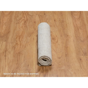 2'1"x3' Winter White, Hand Loomed, Salt And Pepper Effect With Vertical Stripes Design, Undyed Natural Wool, Sample, Mat, Oriental Rug FWR550782