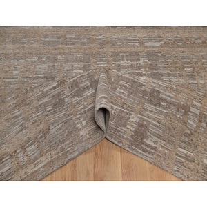 9'1"x12'1" Tan Brown, Modern Criss Cross Erased Design, Hand Spun Undyed Natural Wool, Hand Knotted, Oriental Rug FWR550842