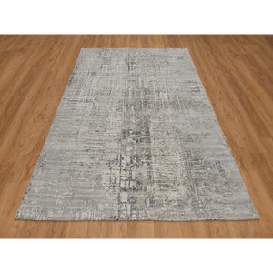 6'1"x9' Pastel Gray, Modern Erased Design, Hand Spun Undyed Natural Wool, Hand Knotted, Oriental Rug FWR550896
