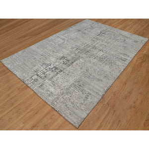 6'1"x9' Pastel Gray, Modern Erased Design, Hand Spun Undyed Natural Wool, Hand Knotted, Oriental Rug FWR550896