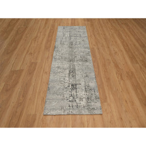 2'7"x8' Spanish Gray, Modern Erased Design, Hand Knotted, Hand Spun Undyed Natural Wool, Runner, Oriental Rug FWR550956