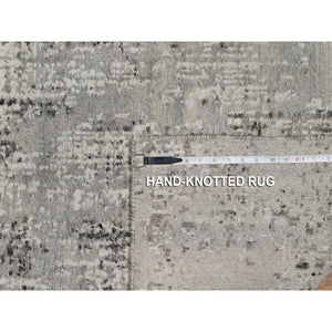 2'7"x8' Spanish Gray, Modern Erased Design, Hand Knotted, Hand Spun Undyed Natural Wool, Runner, Oriental Rug FWR550956