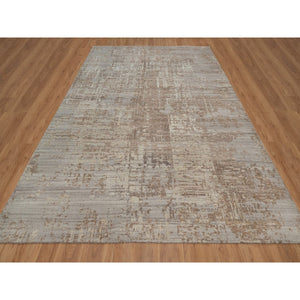 9'1"x11'10" Semolina Brown, Modern Erased Design, Hand Knotted, Hand Spun Undyed Natural Wool, Oriental Rug FWR550974