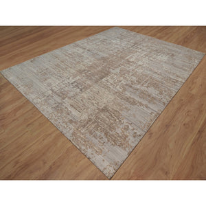 9'1"x11'10" Semolina Brown, Modern Erased Design, Hand Knotted, Hand Spun Undyed Natural Wool, Oriental Rug FWR550974