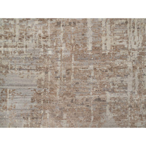 9'1"x11'10" Semolina Brown, Modern Erased Design, Hand Knotted, Hand Spun Undyed Natural Wool, Oriental Rug FWR550974