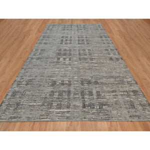 10'x14'1" Nickel Gray, Modern Criss Cross Erased Design, Hand Knotted, Hand Spun Undyed Natural Wool, Oriental Rug FWR550986