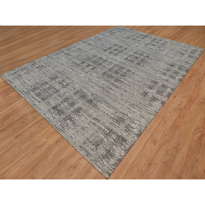 10'x14'1" Nickel Gray, Modern Criss Cross Erased Design, Hand Knotted, Hand Spun Undyed Natural Wool, Oriental Rug FWR550986
