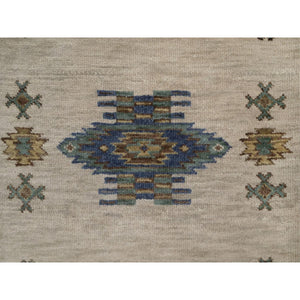 2'6"x10' Beige, Southwestern American Indian Design With Piled Construction, Hand Knotted, Pure Wool, Plush And Lush, Runner, Oriental Rug FWR551028