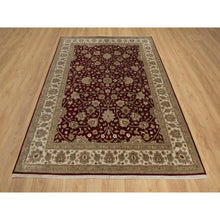 Load image into Gallery viewer, 5&#39;9&quot;x8&#39; Merlot Red, Super Fine Wool And Silk Indo Tabriz, All Over Design, 300 Kpsi, Hand Knotted, Oriental Rug FWR551064