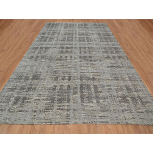12'x15' Nickel Gray, Modern Criss Cross Erased Design, Hand Spun Undyed Natural Wool, Hand Knotted, Oversized, Xl, Oriental Rug FWR551160