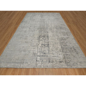10'x14'1" Light Gray, Hand Knotted, Modern Erased Design, Hand Spun Undyed Natural Wool, Oriental Rug FWR551166