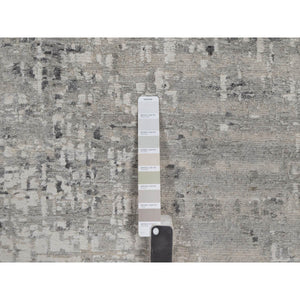 10'x14'1" Light Gray, Hand Knotted, Modern Erased Design, Hand Spun Undyed Natural Wool, Oriental Rug FWR551166
