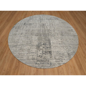 10'x10' Pastel Gray, Modern Erased Design, Hand Knotted, Hand Spun Undyed Natural Wool, Round, Oriental Rug FWR551172