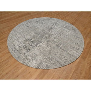 10'x10' Pastel Gray, Modern Erased Design, Hand Knotted, Hand Spun Undyed Natural Wool, Round, Oriental Rug FWR551172