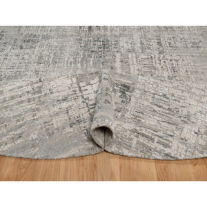 10'x10' Pastel Gray, Modern Erased Design, Hand Knotted, Hand Spun Undyed Natural Wool, Round, Oriental Rug FWR551172