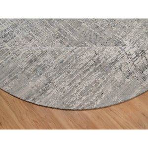 10'x10' Pastel Gray, Modern Erased Design, Hand Knotted, Hand Spun Undyed Natural Wool, Round, Oriental Rug FWR551172