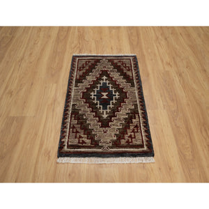 2'x3'2" Chocolate Brown, Southwest American Indian Design With Piled Construction, Plush And Lush, Hand Knotted, Pure Wool, Mat, Sample, Oriental Rug FWR551178