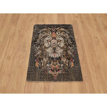 Load image into Gallery viewer, 2&#39;x3&#39; Chocolate Brown, The Maharaja Lion Novelty, Wool And Silk, Soft To The Touch, Hand Knotted, Sample, Mat, Oriental Rug FWR551292