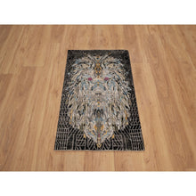Load image into Gallery viewer, 2&#39;x3&#39; Onyx Black, The Maharaja Lion Novelty, Wool And Silk, Soft To The Touch, Hand Knotted, Mat, Sample, Oriental Rug FWR551304