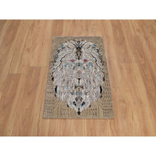 Load image into Gallery viewer, 2&#39;x3&#39; Almond Brown, Hand Knotted, The Maharaja Lion Novelty, Wool And Silk, Soft To The Touch, Sample, Mat, Oriental Rug FWR551310