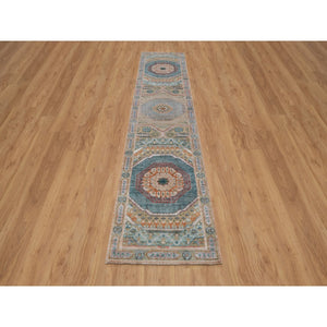 2'7"x12'1" Almond Brown, Hand Knotted, Mamluk Design With Large Medallions, Textured Wool And Silk, Runner, Oriental Rug FWR551322