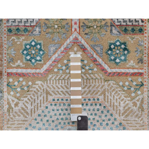 2'7"x12'1" Almond Brown, Hand Knotted, Mamluk Design With Large Medallions, Textured Wool And Silk, Runner, Oriental Rug FWR551322