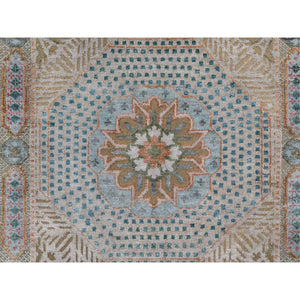 2'7"x12'1" Almond Brown, Hand Knotted, Mamluk Design With Large Medallions, Textured Wool And Silk, Runner, Oriental Rug FWR551322