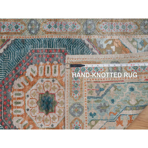 2'7"x12'1" Almond Brown, Hand Knotted, Mamluk Design With Large Medallions, Textured Wool And Silk, Runner, Oriental Rug FWR551322