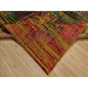 7'10"x10' Golden Yellow, Sari Silk With Oxidized Wool, Broken And Erased Persian Pattern, Hand Knotted, Oriental Rug FWR551334