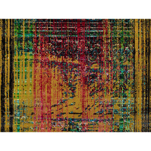 7'10"x10' Golden Yellow, Sari Silk With Oxidized Wool, Broken And Erased Persian Pattern, Hand Knotted, Oriental Rug FWR551334