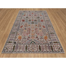 Load image into Gallery viewer, 6&#39;2&quot;x9&#39;2&quot; Snow White With Brown, Directional Vase Design, Silk With Textured Wool, Hand Knotted, Oriental Rug FWR551376