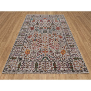 6'2"x9'2" Snow White With Brown, Directional Vase Design, Silk With Textured Wool, Hand Knotted, Oriental Rug FWR551376